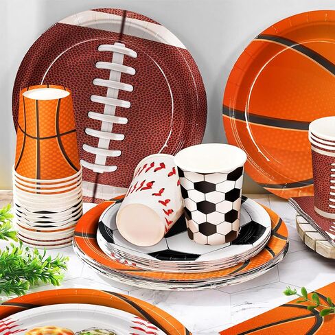 Sports Birthday Party Decorations 150pcs Sports Party Plates Napkins Baseball Football Soccer Basketball Rugby Disposable Paper Plates Napkins Cup for Boy Birthday Party Supplies Sever 30 Guests in Saudi Arabia