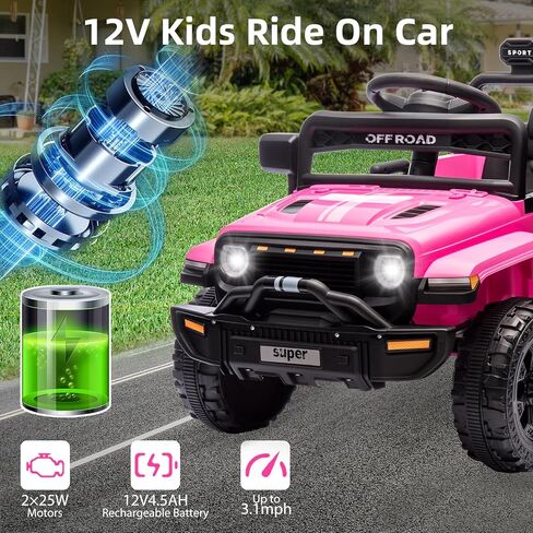 12V Ride On Truck Car, Toddler Ride On Toy w/Parent Remote Control, Steering Wheel Music, 4-Wheel Spring Suspension, Led Lights, 2 Speeds, Kids Electric Vehicles for Age 2-5 in Kuwait
