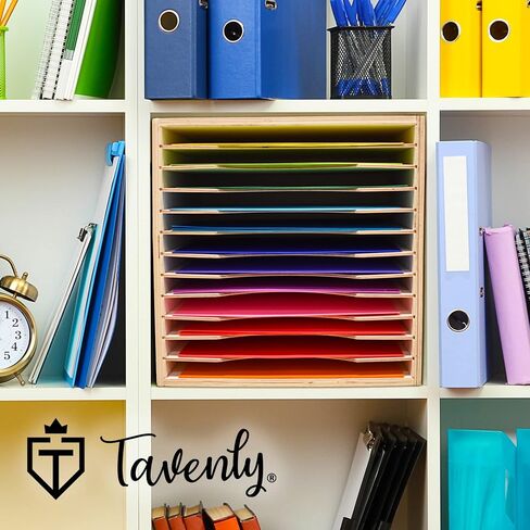 Tavenly Natural Wood Finish Paper Storage Organizer Cube - Improved Perfect for Sizes 12 x 12-12 Tray File Box Organizer - Classroom & Office Desk Accessories - 12 Slot Paper Organizer for Desk in Saudi Arabia