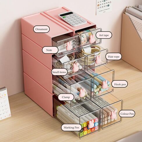 ONEFOLL Desk Organizer, Stackable Storage Drawers Plastic Office Makeup Storage, 3 Single Drawers Stacked Together, Desk Storage Organization Boxes for Office, School, Home (8CM Height Pink) in Saudi Arabia