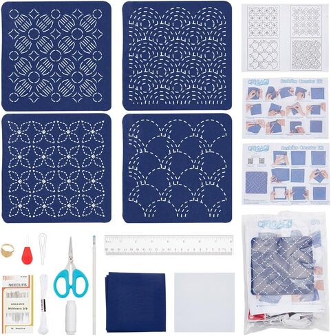 FREEBLOSS 4 مجموعة DIY Sashiko Coaster Kit أنماط التطريز القابلة للذوبان في الماء كشتبان مجموعة الخياطة مجموعة التطريز الكاملة تتضمن خيط ساشيكو والإبر ومجموعة صنع كوستر القماش لمحبي التطريز in Kuwait