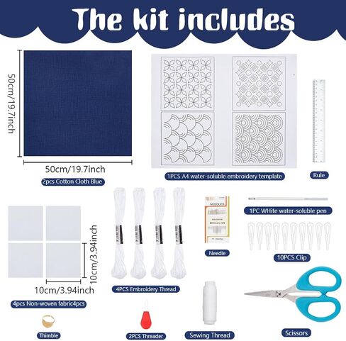 FREEBLOSS 4 مجموعة DIY Sashiko Coaster Kit أنماط التطريز القابلة للذوبان في الماء كشتبان مجموعة الخياطة مجموعة التطريز الكاملة تتضمن خيط ساشيكو والإبر ومجموعة صنع كوستر القماش لمحبي التطريز in Kuwait