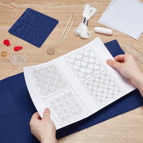 FREEBLOSS 4 مجموعة DIY Sashiko Coaster Kit أنماط التطريز القابلة للذوبان في الماء كشتبان مجموعة الخياطة مجموعة التطريز الكاملة تتضمن خيط ساشيكو والإبر ومجموعة صنع كوستر القماش لمحبي التطريز in Kuwait