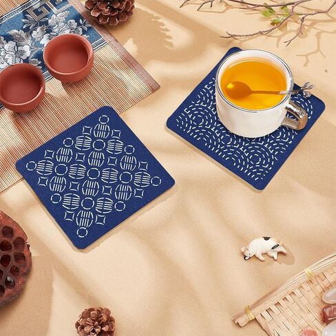 FREEBLOSS 4 مجموعة DIY Sashiko Coaster Kit أنماط التطريز القابلة للذوبان في الماء كشتبان مجموعة الخياطة مجموعة التطريز الكاملة تتضمن خيط ساشيكو والإبر ومجموعة صنع كوستر القماش لمحبي التطريز in Kuwait
