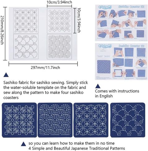 FREEBLOSS 4 مجموعة DIY Sashiko Coaster Kit أنماط التطريز القابلة للذوبان في الماء كشتبان مجموعة الخياطة مجموعة التطريز الكاملة تتضمن خيط ساشيكو والإبر ومجموعة صنع كوستر القماش لمحبي التطريز in Kuwait