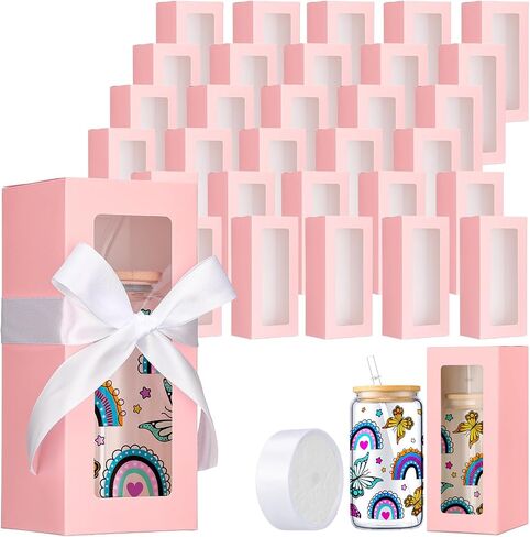60 Pcs Gift Boxes with Ribbon for Sublimation Glass Exhibition Transparent Tumbler Gift Boxes for 12oz 16oz 20oz Glass Jar Shipping Packaging(White) in Kuwait