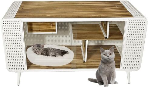Cat Villa Indoor 55 Inch Cat Litter Box Furniture Cat Cages Indoor with Tempered Glass Doors, Metal Frame and Spacious Open Space TV Stand Cat House for Living Room, Hallway Black in Saudi Arabia