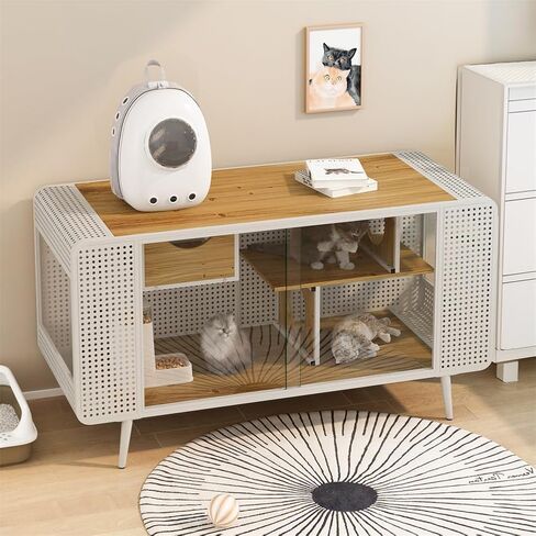 Cat Villa Indoor 55 Inch Cat Litter Box Furniture Cat Cages Indoor with Tempered Glass Doors, Metal Frame and Spacious Open Space TV Stand Cat House for Living Room, Hallway Black in Saudi Arabia