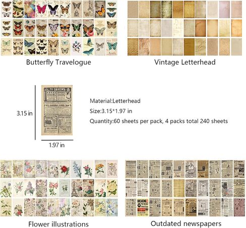 Vintage Scrapbook Paper Pack -240 Sheets Decorative Paper Aesthetic Stationery Journaling Supplies Vintage Paper for Writing Drawing Photo Travel Journal DIY Art Craft(4styles，3.15 x 1.97 Inches) in Saudi Arabia