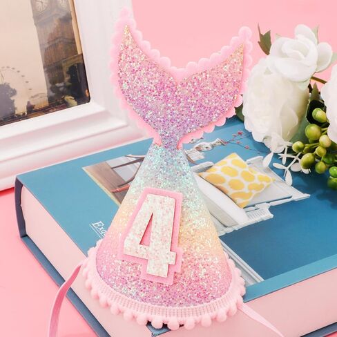 5 years old Mermaid Tail Birthday Hat for Baby Girl Pink Sparkle Sequined Mermaid Tail Headband Princess Birthday Party Supplies in Saudi Arabia