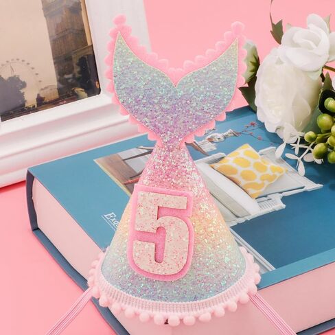 5 years old Mermaid Tail Birthday Hat for Baby Girl Pink Sparkle Sequined Mermaid Tail Headband Princess Birthday Party Supplies in Saudi Arabia