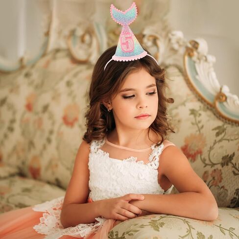 5 years old Mermaid Tail Birthday Hat for Baby Girl Pink Sparkle Sequined Mermaid Tail Headband Princess Birthday Party Supplies in Saudi Arabia