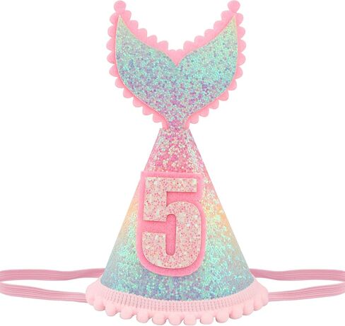 5 years old Mermaid Tail Birthday Hat for Baby Girl Pink Sparkle Sequined Mermaid Tail Headband Princess Birthday Party Supplies in Saudi Arabia