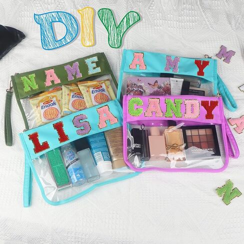 Custom Snack Bag with 52 Pcs Chenille Letter Patches,Preppy Makeup Bag,Clear Zipper Bag Multi-purpose Transparent PVC Pouch,Monogram DIY Stadium Purse Organizer Pouch with Wrist Strap(Green) in Saudi Arabia