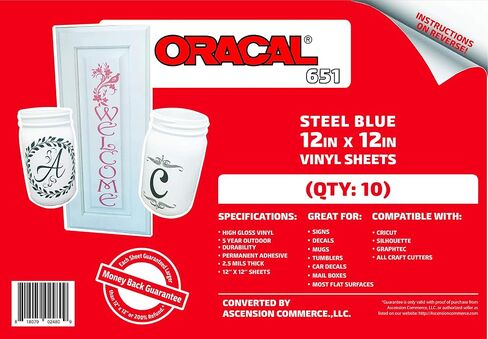 (10 Sheets) Oracal 651 Steel Blue Adhesive Craft Vinyl for Cricut, Silhouette, Cameo, Craft Cutters, Printers, and Decals - 12" x 12" - Gloss Finish - Outdoor and Permanent in Saudi Arabia