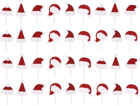 AMOSFUN Christmas Glitter Cake Toppers Santa Claus Hat Insert Cake Card Decoration Cupcake Picks Fruit Picks Dessert Toppers for Xmas Festival Party Favors 36PCS in Saudi Arabia