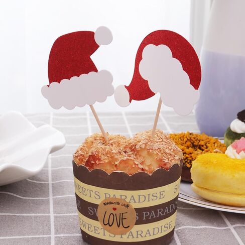 AMOSFUN Christmas Glitter Cake Toppers Santa Claus Hat Insert Cake Card Decoration Cupcake Picks Fruit Picks Dessert Toppers for Xmas Festival Party Favors 36PCS in Saudi Arabia