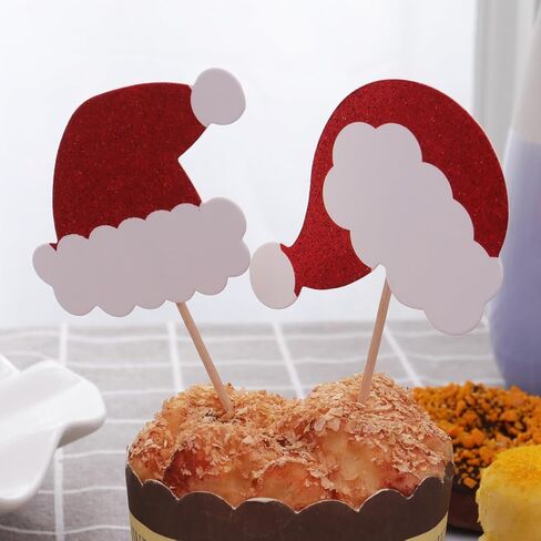 AMOSFUN Christmas Glitter Cake Toppers Santa Claus Hat Insert Cake Card Decoration Cupcake Picks Fruit Picks Dessert Toppers for Xmas Festival Party Favors 36PCS in Saudi Arabia
