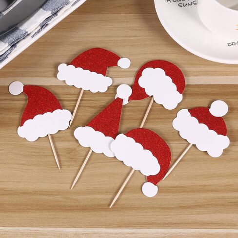 AMOSFUN Christmas Glitter Cake Toppers Santa Claus Hat Insert Cake Card Decoration Cupcake Picks Fruit Picks Dessert Toppers for Xmas Festival Party Favors 36PCS in Saudi Arabia