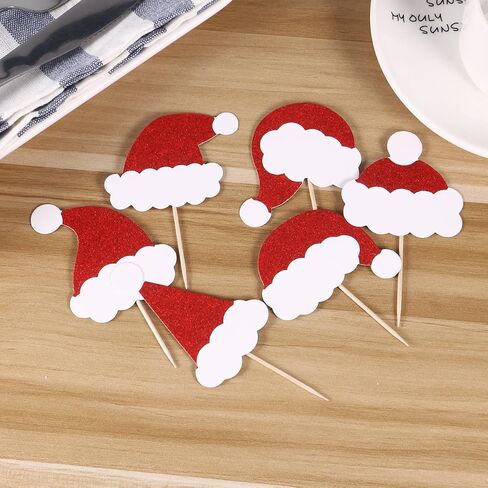 AMOSFUN Christmas Glitter Cake Toppers Santa Claus Hat Insert Cake Card Decoration Cupcake Picks Fruit Picks Dessert Toppers for Xmas Festival Party Favors 36PCS in Saudi Arabia