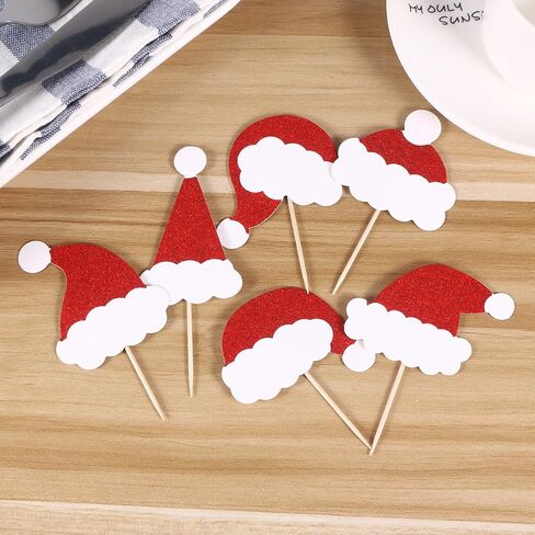 AMOSFUN Christmas Glitter Cake Toppers Santa Claus Hat Insert Cake Card Decoration Cupcake Picks Fruit Picks Dessert Toppers for Xmas Festival Party Favors 36PCS in Saudi Arabia
