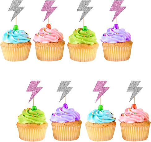 24pcs Lightning Cupcake Toppers, Lightning Bolt Cupcake Toppers, Pink Glitter Weather Cake Decoration for Baby Shower, Lightning Weather Themed Birthday Party Supplies in Saudi Arabia