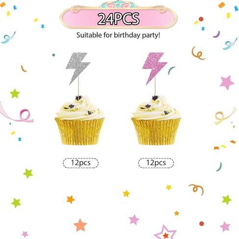 24pcs Lightning Cupcake Toppers, Lightning Bolt Cupcake Toppers, Pink Glitter Weather Cake Decoration for Baby Shower, Lightning Weather Themed Birthday Party Supplies in Saudi Arabia