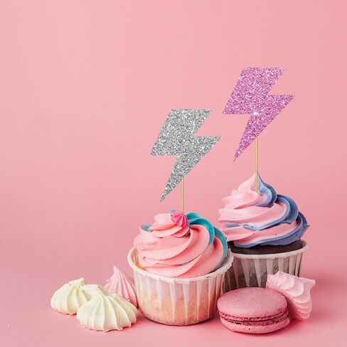 24pcs Lightning Cupcake Toppers, Lightning Bolt Cupcake Toppers, Pink Glitter Weather Cake Decoration for Baby Shower, Lightning Weather Themed Birthday Party Supplies in Saudi Arabia