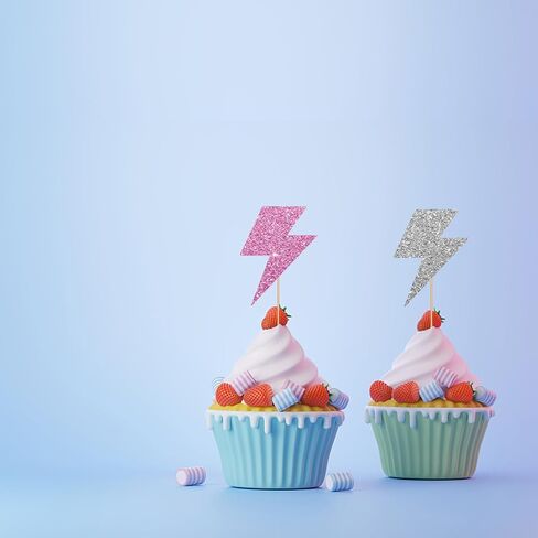 24pcs Lightning Cupcake Toppers, Lightning Bolt Cupcake Toppers, Pink Glitter Weather Cake Decoration for Baby Shower, Lightning Weather Themed Birthday Party Supplies in Saudi Arabia