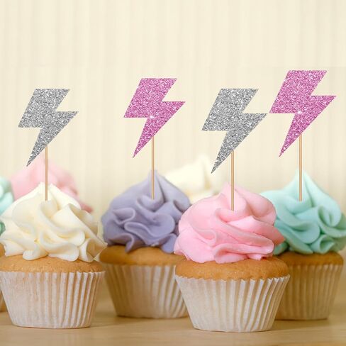 24pcs Lightning Cupcake Toppers, Lightning Bolt Cupcake Toppers, Pink Glitter Weather Cake Decoration for Baby Shower, Lightning Weather Themed Birthday Party Supplies in Saudi Arabia