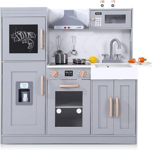 Wooden Play Kitchen, Kids Kitchen Playset with Microwave, Oven, Sink, Real Lights & Sounds,Wooden Chef Pretend Play Set for Boys and Girls in Saudi Arabia