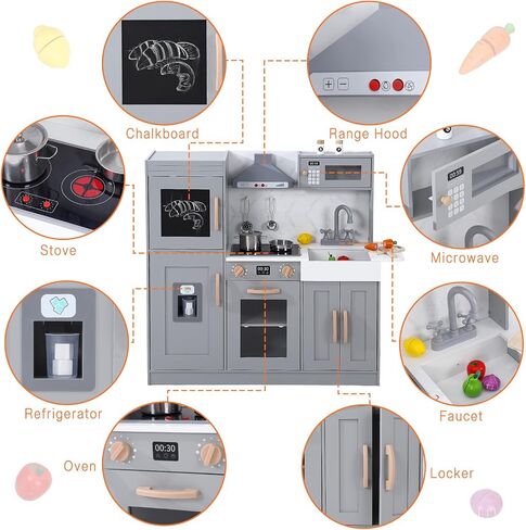 Wooden Play Kitchen, Kids Kitchen Playset with Microwave, Oven, Sink, Real Lights & Sounds,Wooden Chef Pretend Play Set for Boys and Girls in Saudi Arabia