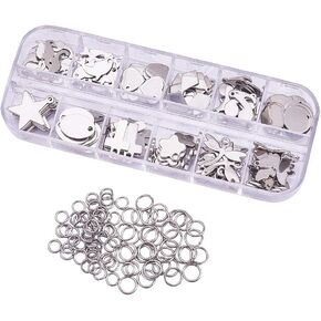 BENECREAT 144PCS Mixed Small Stainless Steel Stamping Blanks, Round Star Pendants and 80PCS Jump Rings with Storage Box for Bracelet Necklace Earring Making, 0.6~1.5mm Thick