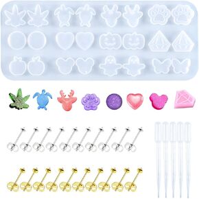 Yayatty Stud Earring Mold Tool Included 12 Shapes Silicone Resin Mould, 24 PCS and 5 Droppers, Jewelry Casting Moulds Clear Tiny Ear for DIY Craft Making (Earring Molds)