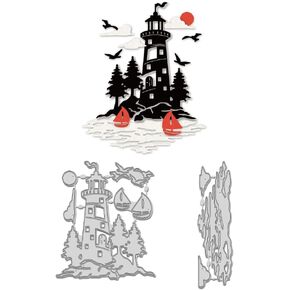 WADORN 2Pcs Lighthouse Cutting Dies Cut Stencils, Sunset Sea Combination Templated Embossing Die Cuts Set for Scrapbooking Making Lighthouse Island Card Metal Die Cuts Cutting Dies for Photo Album