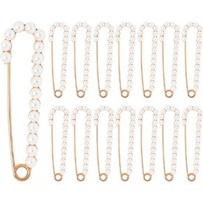 Faux Pearl Safety Pins, 10pcs 2.95inch Sweater Shawl Clip Brooch Pins for Women Clothing Dress Pants Skirt Waist Pants Extender Dressing Accessories (Gold)