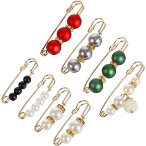 Mabor 8Pcs Pearl Brooch Pins, Pearl Pant Waist Tightener Decorative Safety Pins Clip for Scarf Sweater Shawl Faux Pearl Rhinestones Collar Brooches Dress Skirt Waist Clip for Women Girls