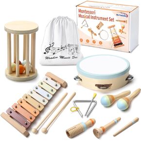 Musical Instruments Set - Neutral Color Wooden Toys for Toddlers, Montessori Instruments Percussion Music Modern Boho Xylophone Tambourine for Kids Preschool Educational Birthday Gifts, 8pcs