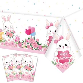 3 Pcs Easter Bunny Party Supplies Tablecloth Bunny Plastic Table Covers Floral Pastel Table Cloth Bunny Themed Birthday Decorations for Girl Boy Birthday Spring Baby Shower Party Supplies Gifts