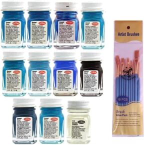 Make Your Day Blue Enamel Paint Variety, Blue, Dark Blue, Metal Flake Blue, Sea Blue, Light Blue, Sky Blue, Artic Blue Metallic, Blue Fluorescent, Turquoise, Gloss Black, and Thinner 1/4 oz (Pack of 11) - with MYD Paint Brushes