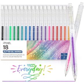Glitter Gel Pens, 18 Colors Metallic Vibrant Sparkle Gel Pens for Coloring Journaling Drawing Doodling Colored Pen Colored Gel Pens for Kids Adult Fun Pens 0.8-1mm