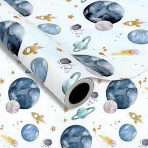 JarThenaAMCS Outer Space Wrapping Paper -Mini Roll- 17In x 32.8Ft First Trip Around The Sun Wrap Paper Watercolor Galaxy Craft Paper For Baby Shower Birthday Party Packing Supplies