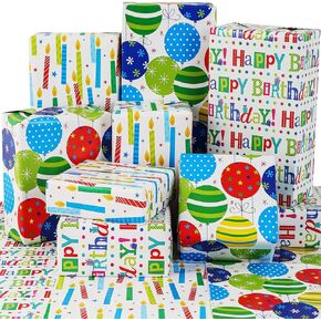 BOLIANNE Birthday Wrapping Paper for Boys Girls Kids Men Women - Gift Wrapping Paper with Balloon 'Happy Birthday' Candles, 6 Large Sheets Gift Wrap for Holiday Party, Folded Flat, 27 X 37 Inch