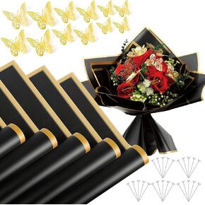 57 Pcs, Flower Wrapping Paper, Black Flower Bouquet Wrapping Paper, Flower Pins 3D Butterflies for Bouquets, Floral Wrapping Paper, Wrapping Paper for Flower Bouquet Wedding Birthday Gift DIY in Kuwait