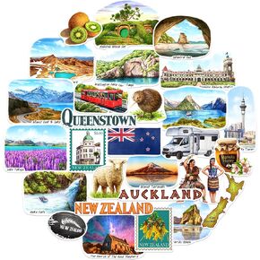 Navy Peony Tranquil New Zealand Travel Stickers (28 pcs) - Watercolor, Auckland, New Zealander-Themed Vacation Decals for Journals, Scrapbooks, Luggage