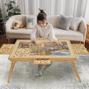 YKHALLYBEE Puzzle Table 1500 Pieces Wooden Jigsaw Puzzle Board with Legs, 34.3"x 26.5" Puzzle Board with 4 Drawers and Cover, Foldable Leg Puzzle Table for Adults Red Brown