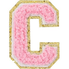 3Pcs Chenille Letter Patches Adhesive Pink Iron on Patches 2 Inch Glitters Varsity Letter Alphabet Embroidered Patch for Hat Bags Jackets(M)
