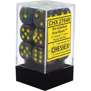 Chessex Dice d6 Sets: Festive Rio Marble Swirl with Yellow Pips - 16mm Six Sided Die (12) Block of Dice