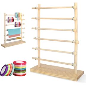 ElasignShopo 6 Tier Wooden Ribbon Rack Large Ribbon Organizer Ribbon Storage Rack Ribbon Dispenser Ribbon Spool Holder for Sewing Craft Mesh Thread Tape Wreath Crochet Roll Craft Florist Wrapping Gift