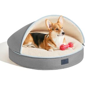 Veehoo Dog Cat Cave Bed with Hooded Cover, Removable Washable Round Beds with Removable Hood, Cozy Cave Burrow Dog Bed with Anti-Slip Bottom for Small Medium Dog Cat Pet, Khaki 26"
